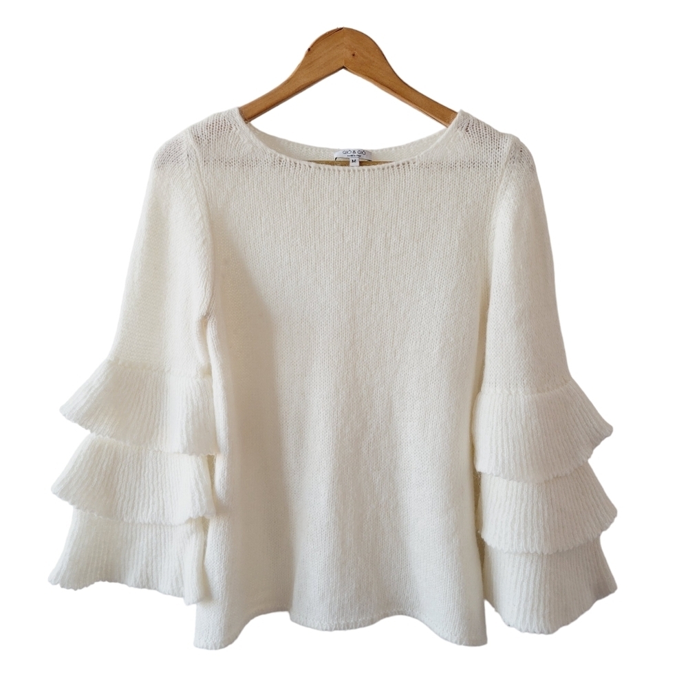 Cream Ruffle-Sleeve Crew Neck Sweater